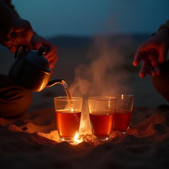 Traditional tea preparation by firelight in the desert