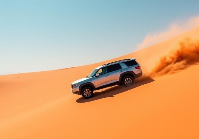4x4 vehicle driving through red Namibian dunes