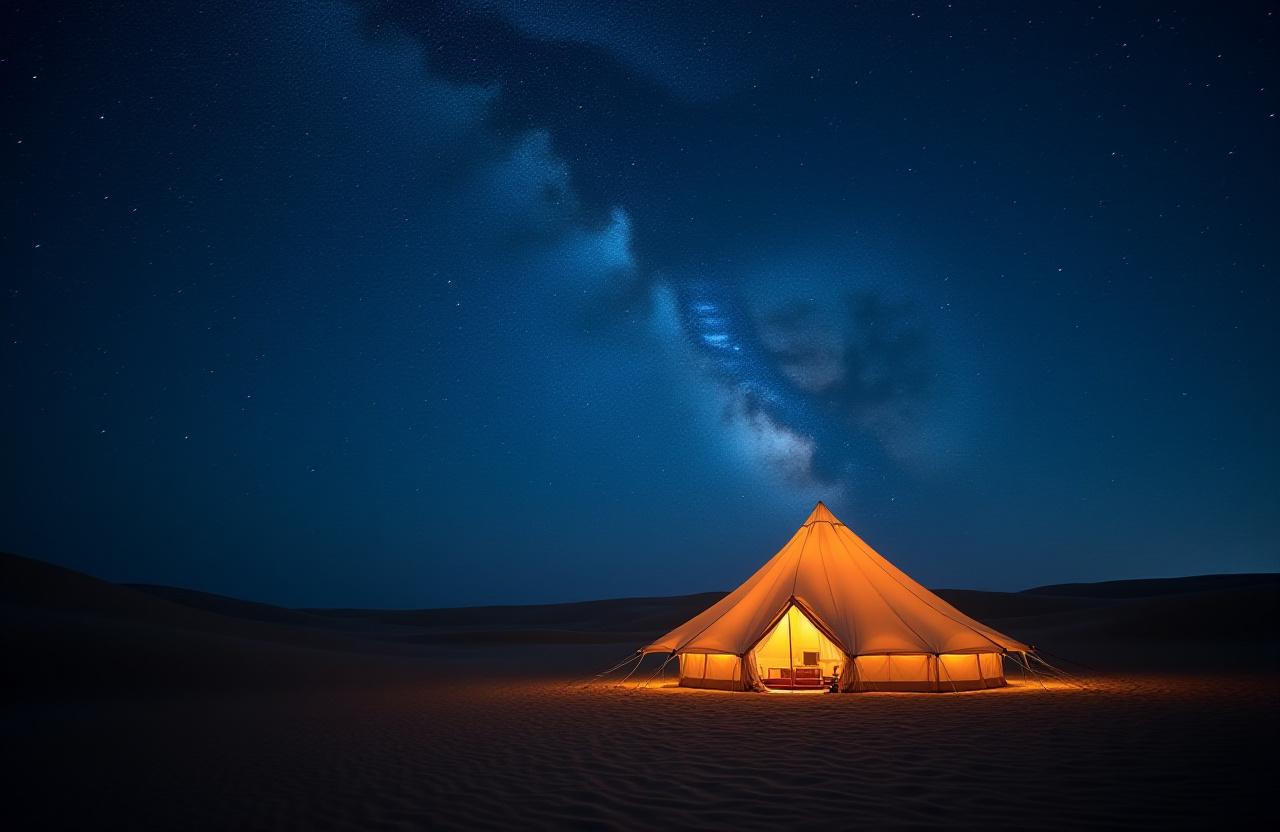 Luxury tent under a vast starry desert sky