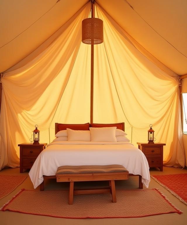 Interior of a luxury desert tent showing a plush bed and local decor