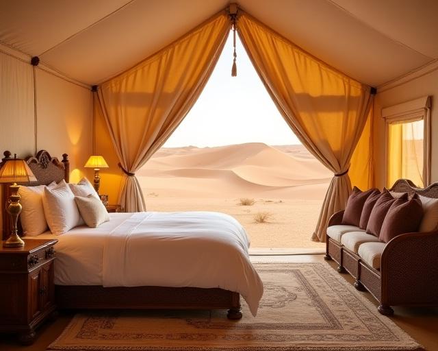 Interior of a high-end luxury desert tent with gold accents and plush furnishings