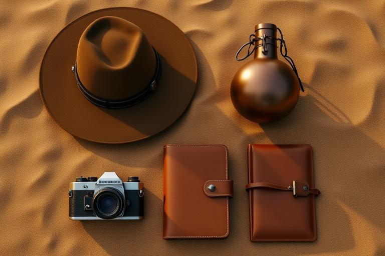 Flat lay of desert camera gear, power bank, and water bottle